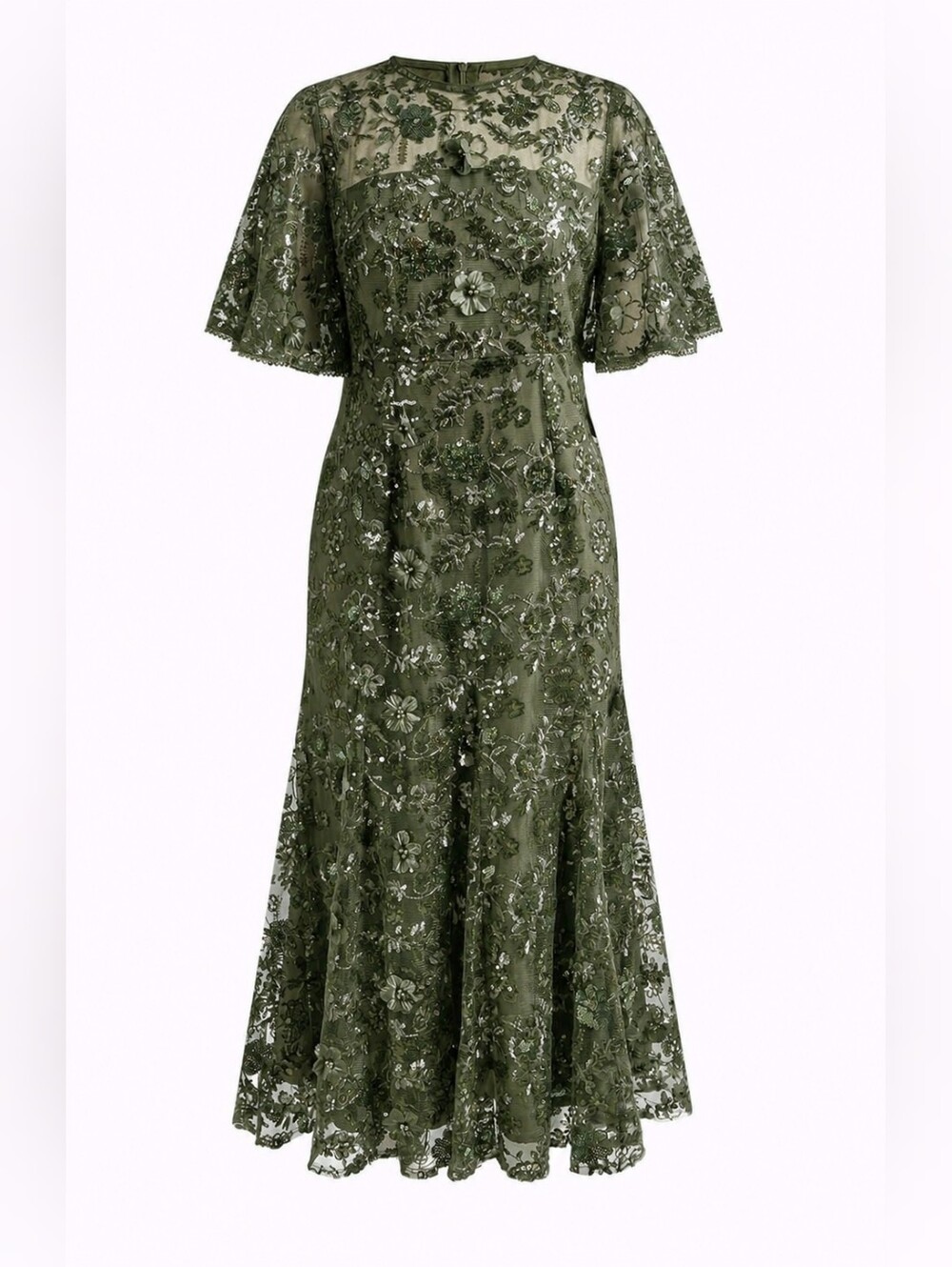 New Luxe Sequin Long Dress Flutter Short Sleeve Olive Green - Picture 7 of 12